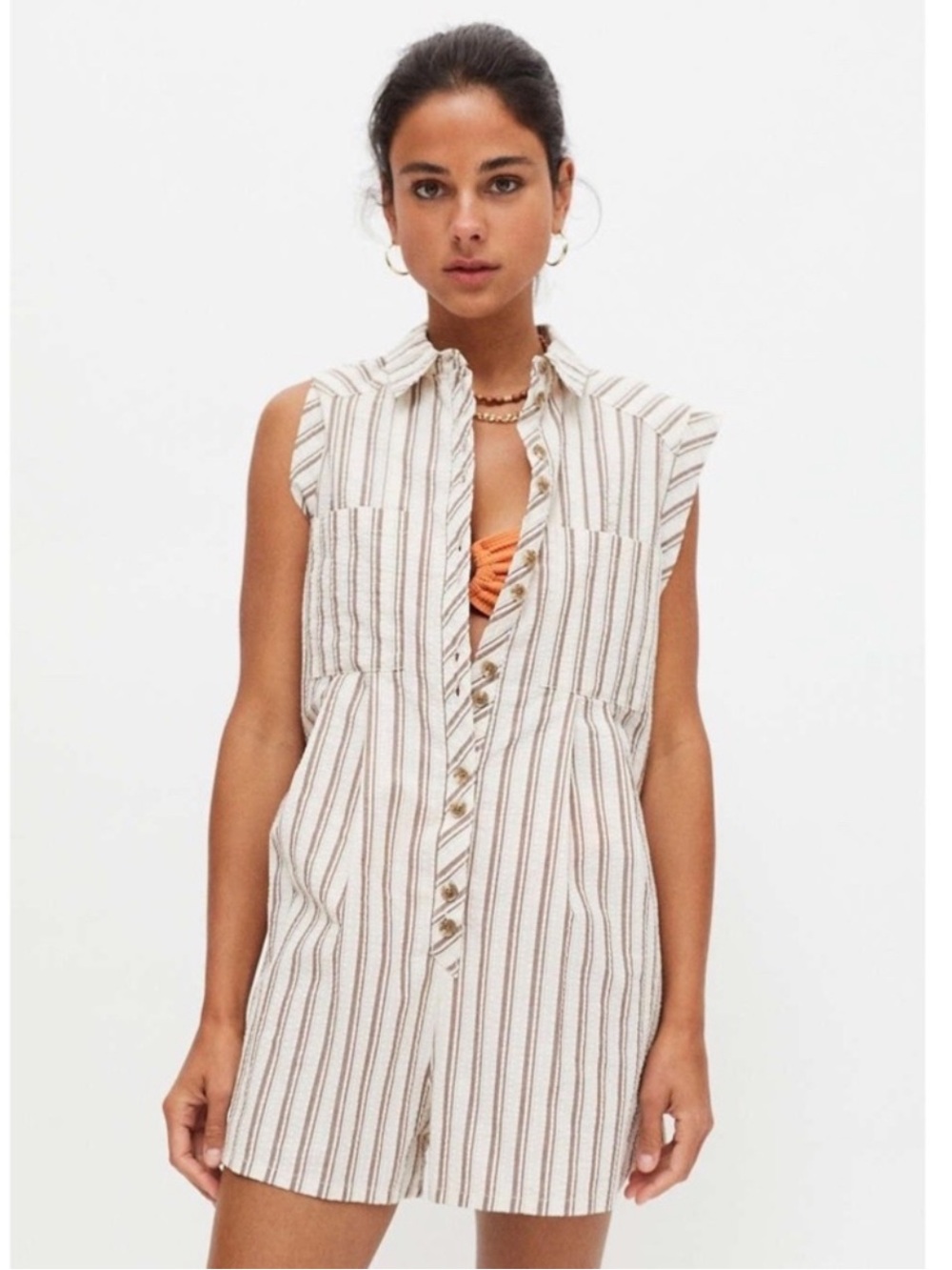 Urban Outfitters Zoey Stripe Playsuit Button Up Romper Cotton Small Summer Vibes